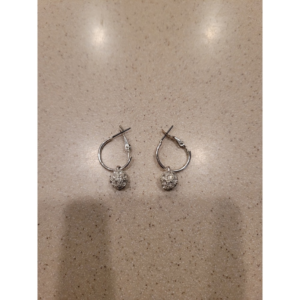 Silver Hoop Earrings with Pave Crystal Disco Ball Charms Clear Rhinestone Dangle